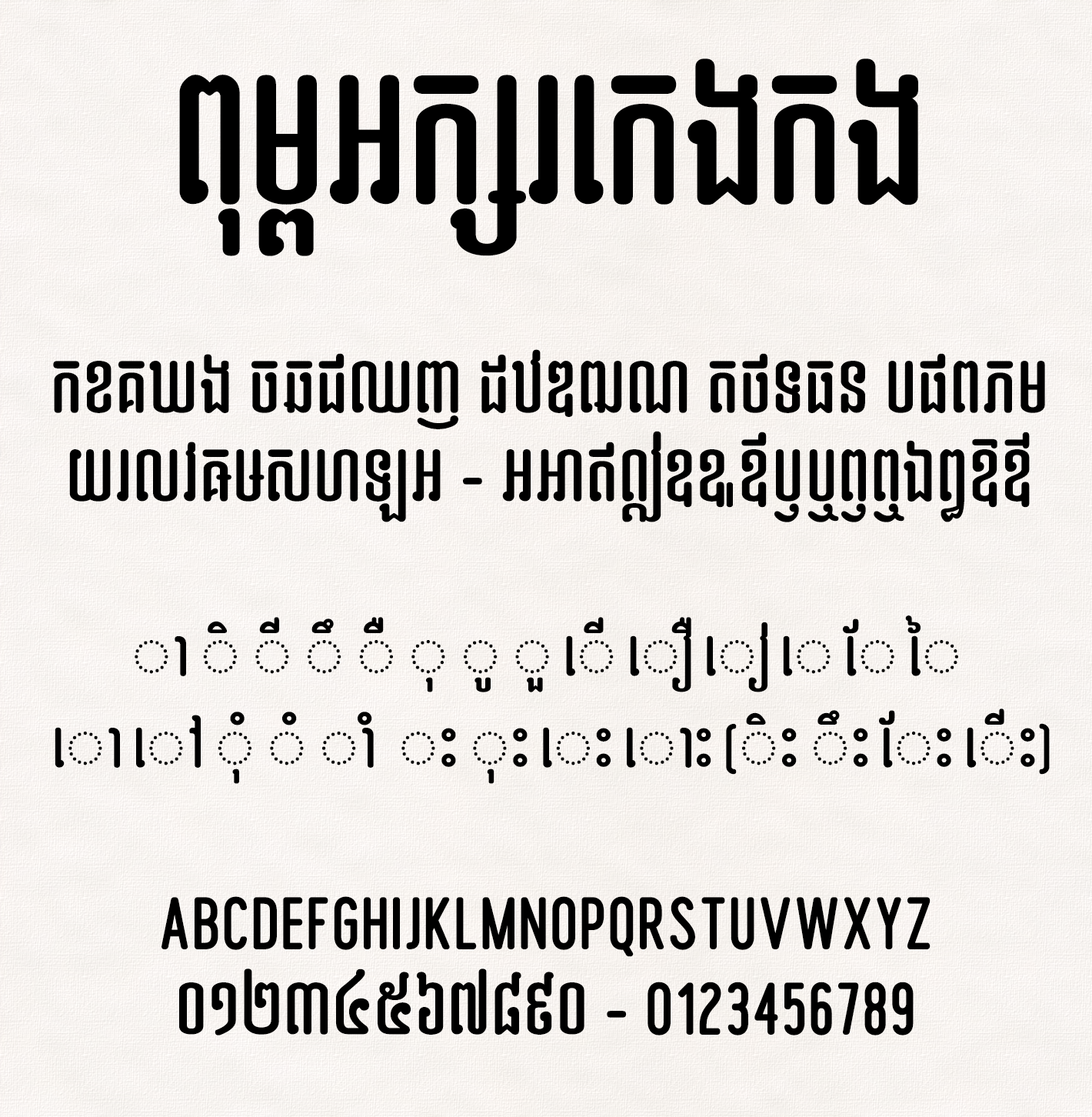 Kengkang Sample Khimsoft Font specimen bold decorative typeface displaying stylized text the full Latin alphabet AZ and digits 09 with a decorative dottedbraille like row in between